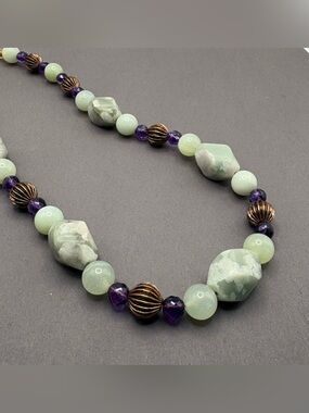 Handcrafted Green Peace Jade & Amethyst Beaded Necklace with Copper Accents